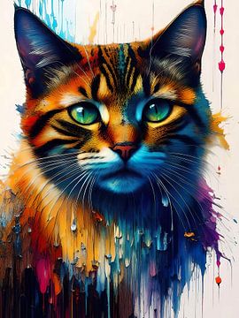 Een abstract acrylverfschilderij van een kat van Retrotimes