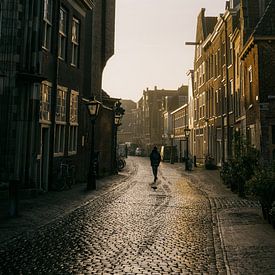 Wandelaar in ochtendlicht (Leiden) van Sander de Vries