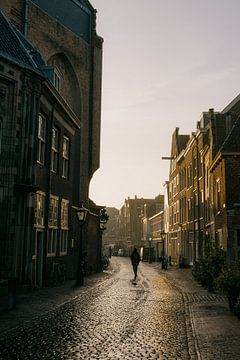 Wandelaar in ochtendlicht (Leiden) van Sander de Vries