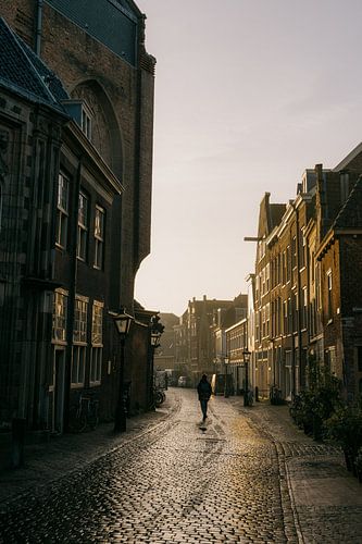 Wandelaar in ochtendlicht (Leiden) van Sander de Vries