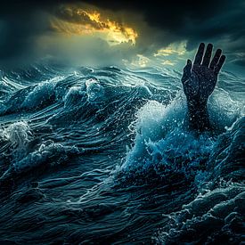 Élévation du niveau de la mer - Une main désespérée qui cherche de l'aide sur Luc de Zeeuw