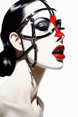 Digitaal creëerde hele mooie vrouw met bizarre fetisj masker in high fashion stijl