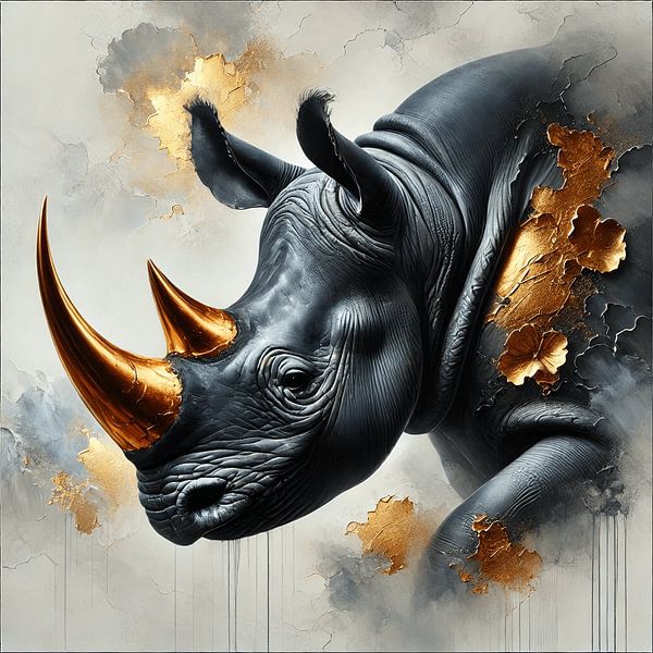 Realistic Painting of a Rhino with Bronze Accents | Modern Wall Decoration by Tijn van de Loo