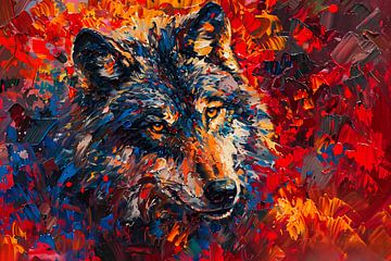 Kleurrijk abstract schilderij van een wolf van De Muurdecoratie
