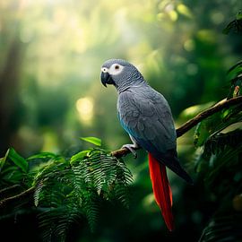 Grauer Papagei im Regenwald von Poster Art Shop