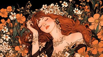 Elegant woman in flower garden style Alphonse Mucha