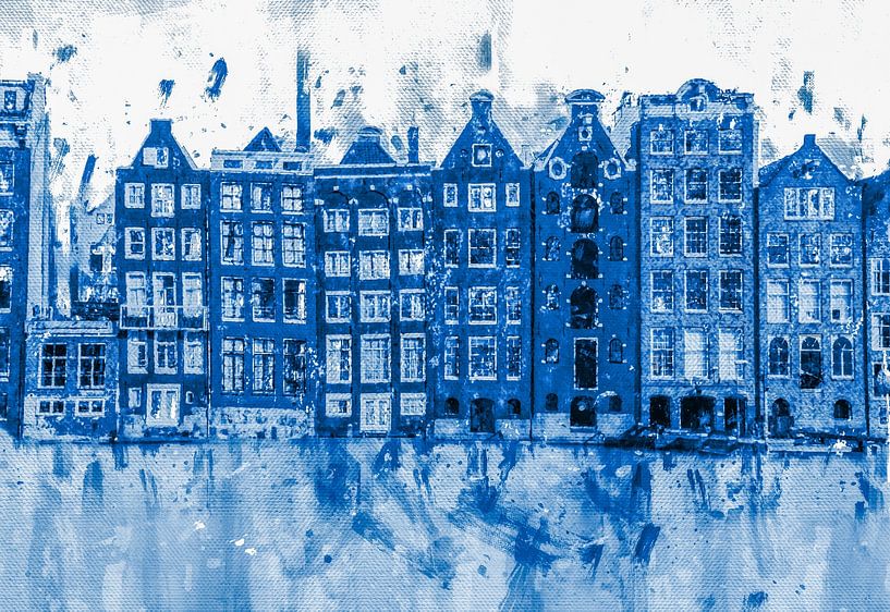 Grachtepandjes in Delfts Blauw  Amsterdamse charme in aquarelstijl van Dutch Art Works
