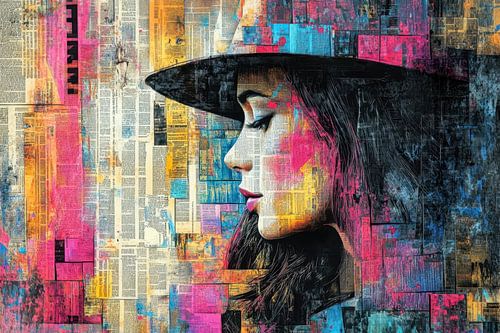 Portrait of a beautiful young woman, Mixed media collage combined with painting techniques by BowiScapes abstract and digital art