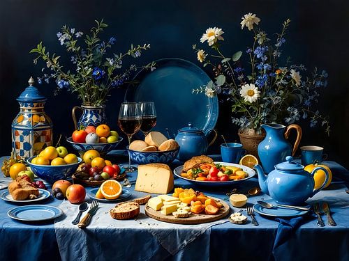 Blauwe tafel vol fruit en servies – modern klassiek stilleven