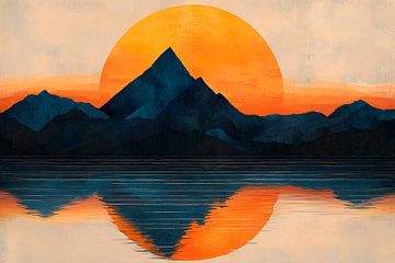 Zonsondergang boven reflecterende bergen van Poster Art Shop
