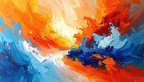 Abstracte expressie - De kleurrijke strijd van de elementen: een eruptieve dialoog van gloeiend oranje, ijzig blauw en een vluchtig vleugje wit