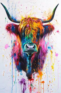 Schotse Hooglander in Kleurexplosie - verf - kunst van Eva Lee