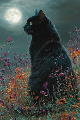 Zwarte kat in het maanlicht De schaduwbewaakster
