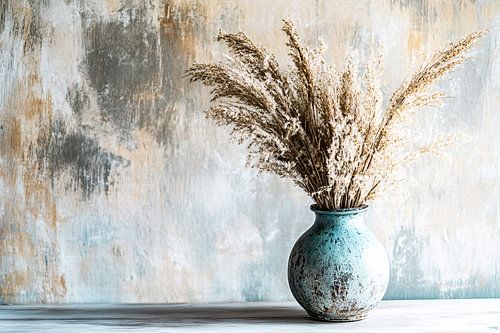 Blauwe rustieke vaas met pluimen