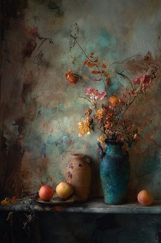 Droogbloemen en Kruiken met Fruit - Nostalgisch Schilderij
