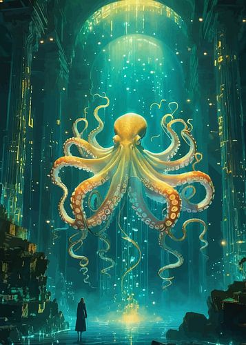 Octopus in onderwater stadslandschap