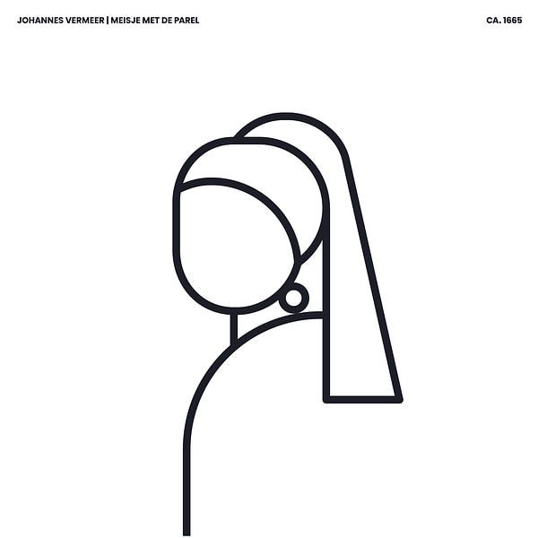 The Girl with the Pearl Earring abstract line illustration on white background with black line pattern by Michel Rijk