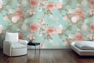 Salon moderne avec canapé et papier peint à fleurs sur Animaflora PicsStock