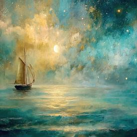 Un voilier sous le ciel étoilé, une peinture onirique sur Dessins et peintures de Peter Pen