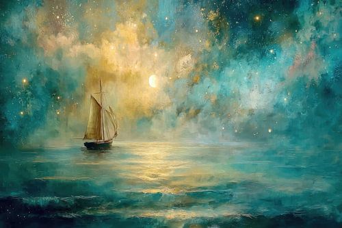 Segelboot unter dem Sternenhimmel, verträumtes Gemälde von Peter Pen Zeichnungen und Gemälde