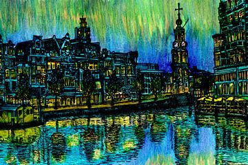 Aquarel Schilderij Amstel Munttoren Amsterdam Blauwe Uur van Hendrik-Jan Kornelis
