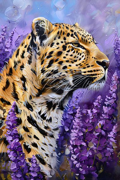 Realistic leopard painting with purple flowers by Art & Soul Creations