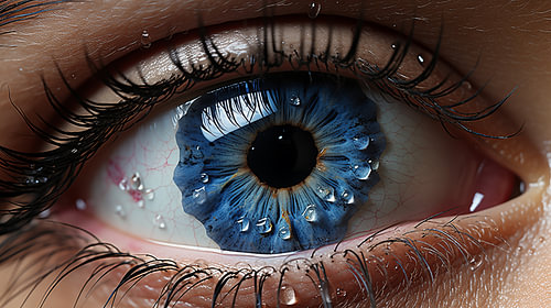 Een fascinerende artistieke close-up van het blauwe oog van een vrouw met een gedetailleerde iris