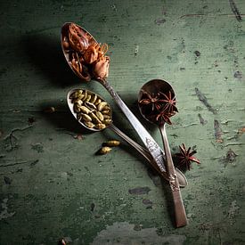 Spices on an old green table by Saskia Schepers