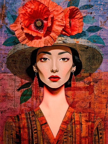 Eye-catcher! Portrait of a woman wearing a hat with large poppies