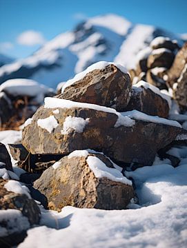 Snow-covered rocks against an alpine backdrop by drdigitaldesign