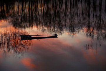 Half gezonken bootje tijdens zonsondergang van Ron van der Stappen