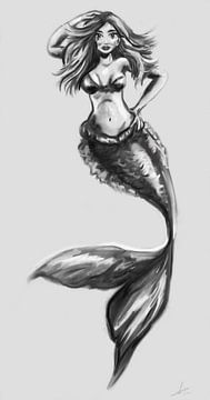 Poster Illustration schwarz und weiß von einer Meerjungfrau. Schönes Kunstwerk einer kleinen Meerjun von Emiel de Lange