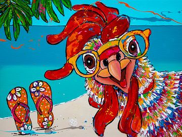 Un poulet joyeux sur la plage sur Happy Paintings