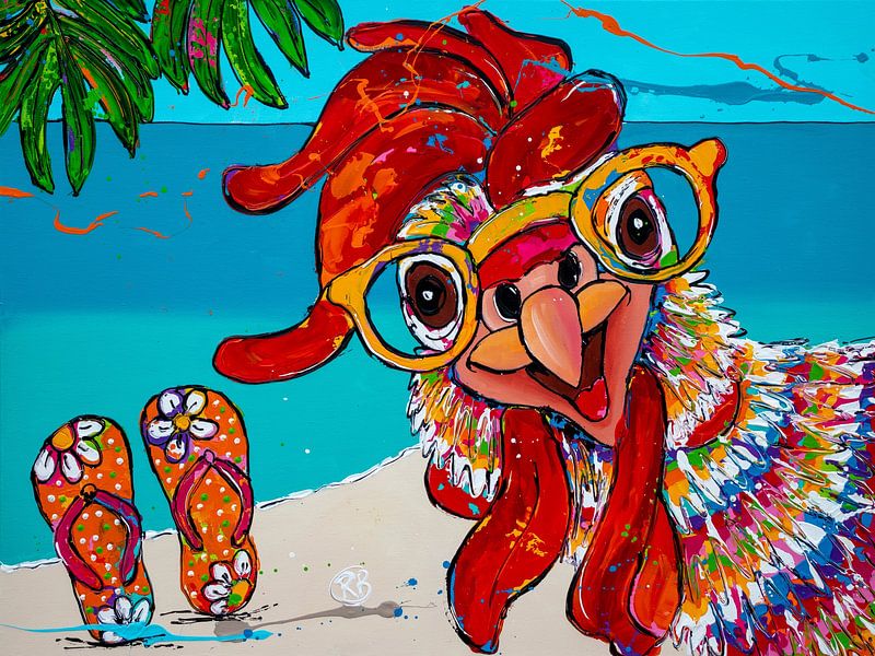 Un poulet joyeux sur la plage par Happy Paintings / Renata Rolefes