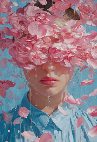 Petal Tears – Abstraktes Porträt mit rosa Blumen und Tropfen