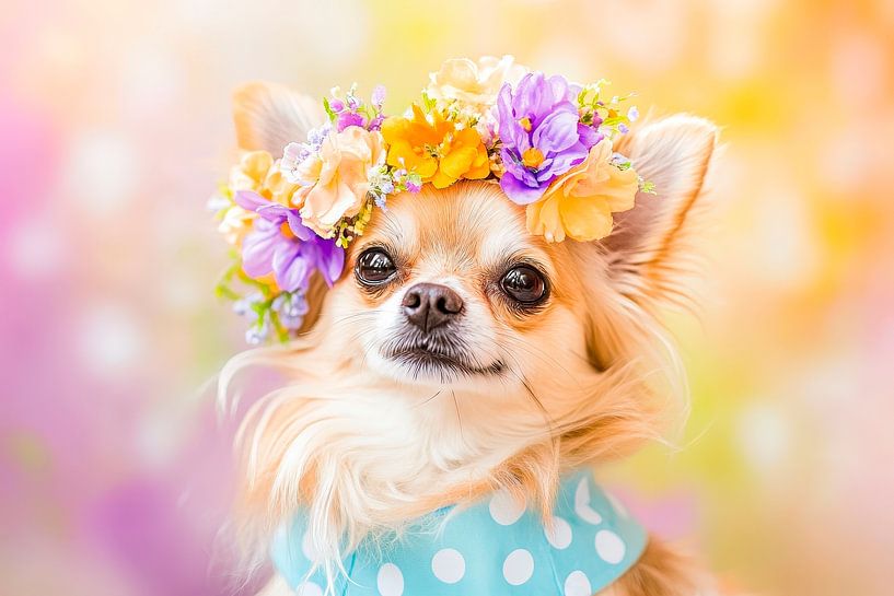 Chihuahua with flower wreath and scarf by Poster Art Shop