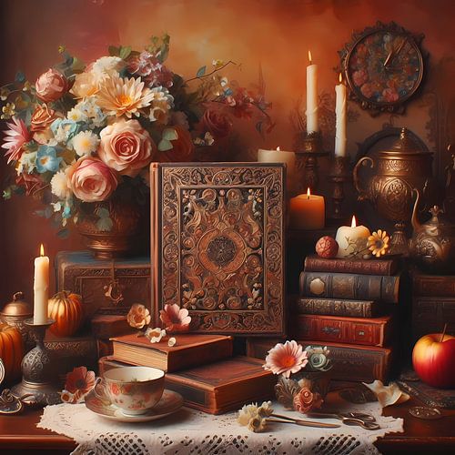 Oude boeken met bloemen en kaarsen