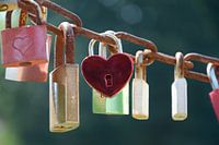 Liefdes hangsloten in verschillende kleuren aan een roestige ketting op een zonnige dag