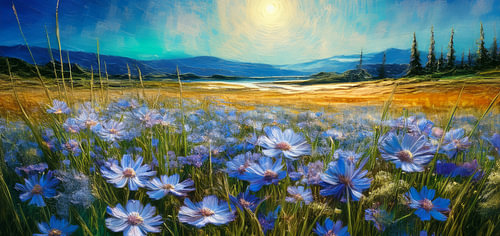Magnifique panorama d'un vaste champ de fleurs bleues aux couleurs vives