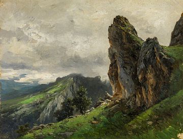 Carlos de Haes-Donkere wolken op de top van de berg, storm komt, stenen berglandschap, Antiek landsc
