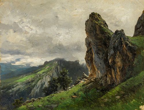 Carlos de Haes-Nuages sombres au sommet de la montagne, l'orage arrive, paysage de montagne en pierr