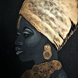 Afrikanische Frau mit Kopftuch und Goldschmuck von Marielistic-Art.com