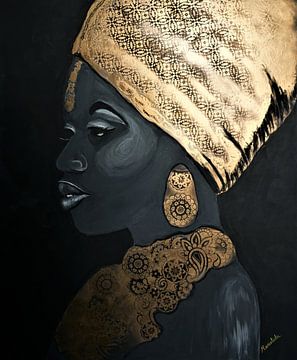 Afrikanische Frau mit Kopftuch und Goldschmuck von Marielistic-Art.com