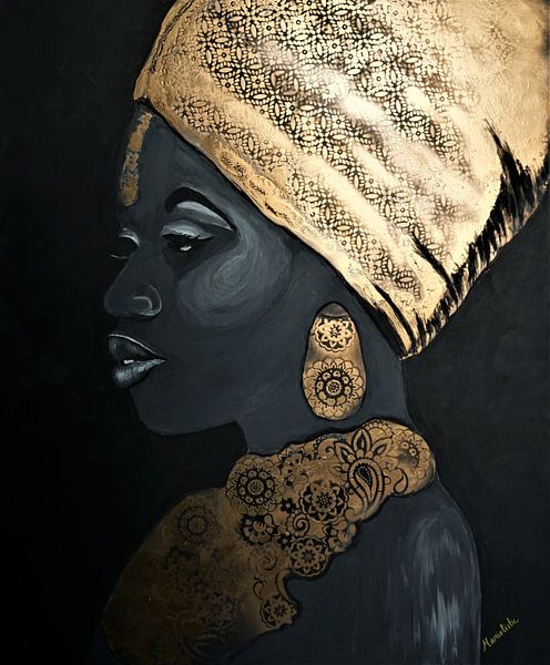 Femme africaine avec foulard et bijoux en or par Marielistic-Art.com