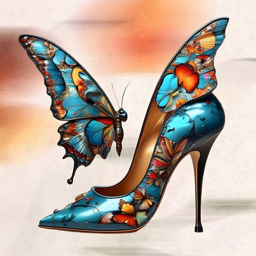Butterfly pump | An image of a colourful pump decorated with a butterfly. The colour blue predominates. The colours red, yellow and orange can't be missing in this colourful ensemble.