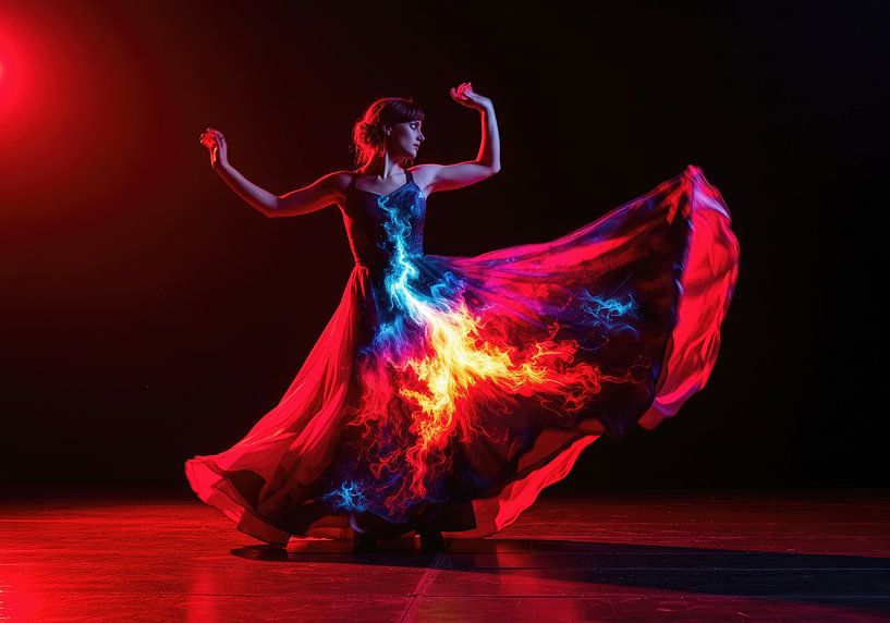 Woman in Dress with Fire and Lightning Digital Effects on Stage by Markus Gann