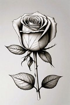 Minimale zwarte lijntekening van roos van De Muurdecoratie