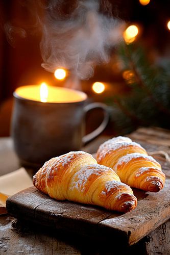 Warm ontbijt met croissants en kaars