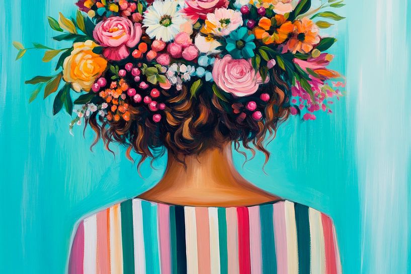 Woman with wreath of flowers - Coloured stripes by Poster Art Shop