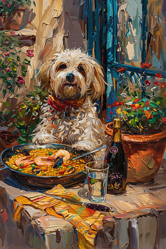 Catalan Shepherd Dog and authentic Valencian paella